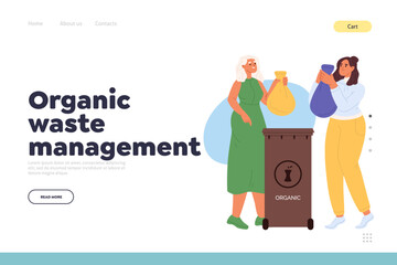 Organic waste management concept of landing page with women throw sorted waste in litter container
