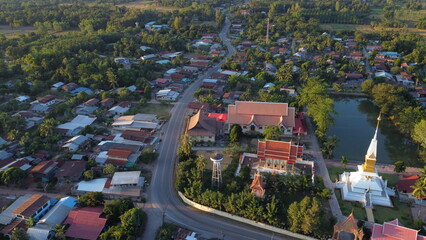 Fototapeta premium Aerial view of temple and temple in Nong bua lumphu Historical Park
