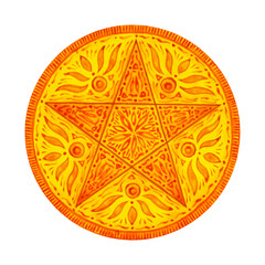 gold golden pentacle symbol occult mystic magic pentagram esoteric star sign art design illustration watercolor painting drawing white isolated