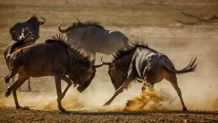 Two Blue wildebeest dueling in sand dry land in Kgalagadi transfrontier park, South Africa ; Specie...