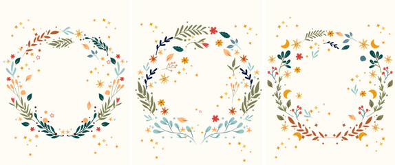 Vintage floral wreaths with colorful flowers, leaves, moon and stars around. Bright floral frame Perfect for greeting cards, poster, postcard, banner. Vector illustration.