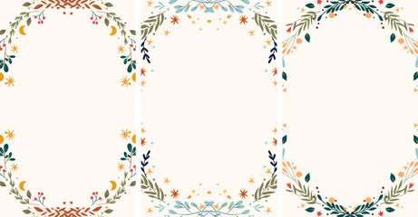 Bright floral border with colorful flowers, leaves, moon and stars around. Vintage floral frame Perfect for greeting cards, poster, postcard, banner. Vector illustration.