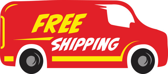 Red truck vector icon with free shipping text message.