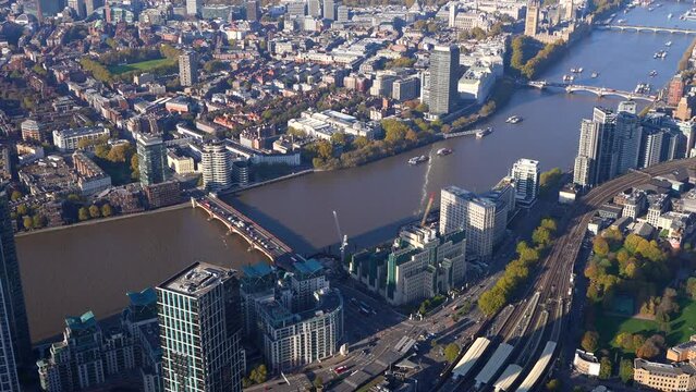 Aerial view of the MI-6 building, Vauxhall Bridge and surrounding development. Vauxhall, London, UK.