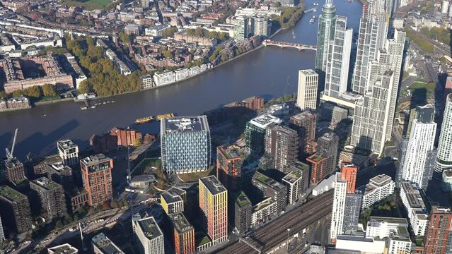 Aerial view of the US Embassy, London and surrounding development in Nine Elms, London, UK.