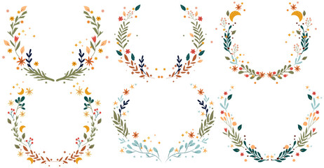 Bright floral wreath with wildflowers, colorful leaves, moon and stars around. Set Vintage floral wreath Perfect for greeting cards, poster, postcard, banner. Vector illustration.