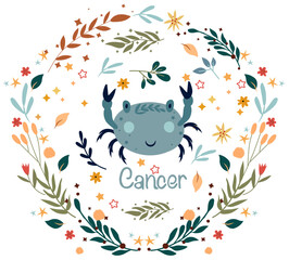 Cancer. Cute Zodiac in a colorful wreath of leaves, flowers and stars around. Cute Cancer perfect for posters, logo, cards. Astrological Cancer zodiac. Vector illustration.