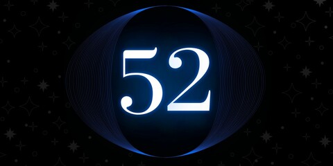 Number 52. Banner with the number fifty two on a black background and white stars with a circle blue in the middle