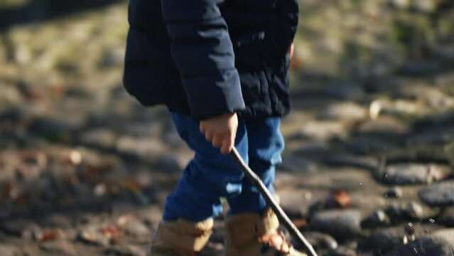 Child playing with stick outside in nature. Little boy exploring the natural world with piece of wood