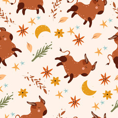 Obraz premium Seamless patterns with Taurus, colorful flowers, leaves and stars. Astrological Taurus zodiac. Bright astrological pattern can be used as textile, fabric, wallpaper, banner and other. Vector