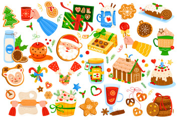 Christmas celebration gingerbread cakes and sweets traditional design cartoon style vector illustration, icons isolated on white.
