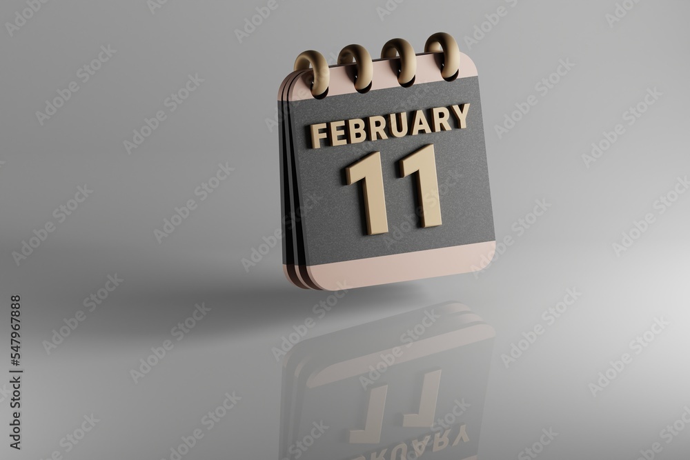 Aufkleber Standing black and golden month lined desk calendar with date February 11. Modern design with golden elements, 3d rendering illustration. White ceramic reflection background...