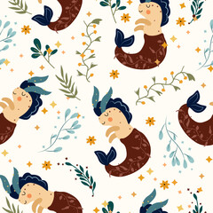 Seamless patterns with Capricorn, colorful flowers, leaves and stars. Astrological Capricorn zodiac. Bright astrological pattern can be used as textile, fabric, wallpaper, banner and other. Vector.