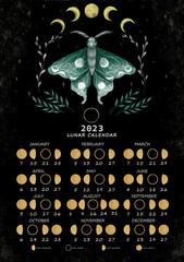 Lunar calendar 2023. Moon phases calendar for 2023 with beautiful lunar moth and golden moons. For the Northern hemisphere.