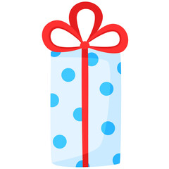 Gift box in festive polka dotted wrapping paper with red ribbon and bow. Present for holiday.	
