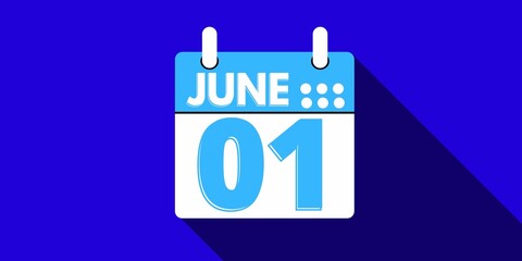 01 june. calendar with the day one of the month of june in blue color and background blue