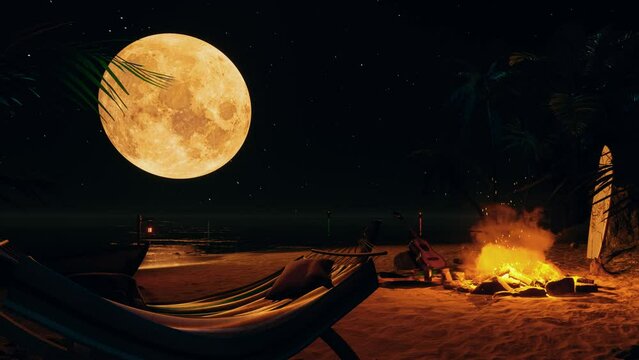 Cozy evening by the fire on the beach with palm trees near the ocean against the background of the full moon. The concept of rest, and relaxation.