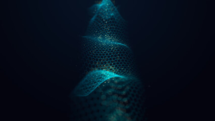 Futuristic digital hexagonal grid. Abstract dark background of particle flow. Big data analysis and automation. Intelligent blue wave. Science, technology and cyberspace. 3d rendering
