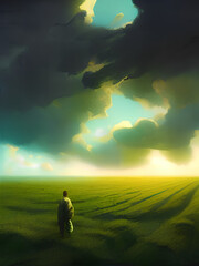 green infinite field, dramatic sky 