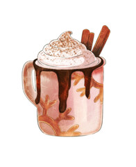 Stylized cup of cocoa with cinnamon and chocolate