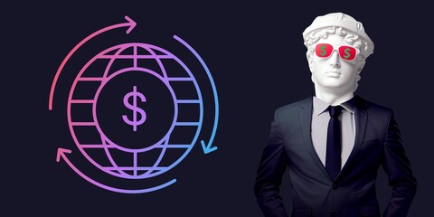 3d illustration statue head businessman with a dollar icon for money exchange with a money transfer icon, financial in us inflation and interest rating cashflow concept.collage digital art business. 