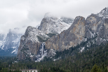 Landscape with snow in  Bridal Veil Falls in California's Yosemite National Park