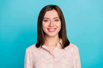 Close up photo of cute young woman toothy smiling employee dressed stylish smart casual clothes...