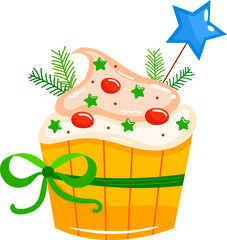 Christmas or Birthday celebration gingerbread cake and sweet traditional design cartoon style vector illustration, icon isolated on white.