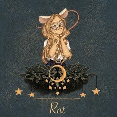 The zodiac sign of the rat according to the Chinese horoscope in the form of a fair-haired girl on a starry background.