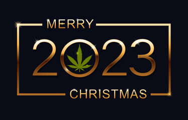 Merry Christmas 2023. Christmas greeting card with marijuana leaf. Isolated vector illustration on blue background.