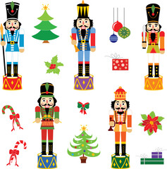 Isolated nutcracker characters , Christmas trees, presents and mistletoes 