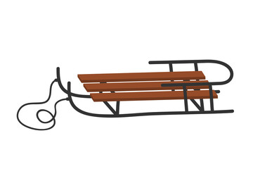Hand drawn cute illustration of cozy wooden sled. Flat vector winter outdoor recreation in colored doodle style. Сhristmas, New Year, Xmas print. Isolated on background.