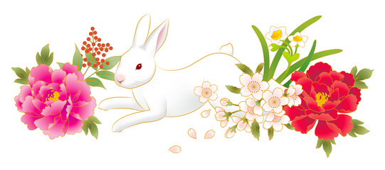 うさぎ年と牡丹と桜と水仙と南天の年賀状の材料　横位置