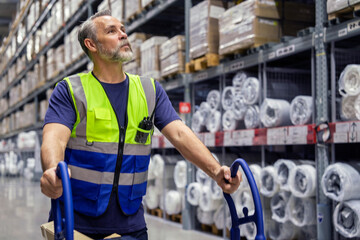 Senior male worker wearing uniforms pushing carts for logistic deliveries to customers for online orders in warehouses and wholesale stores.