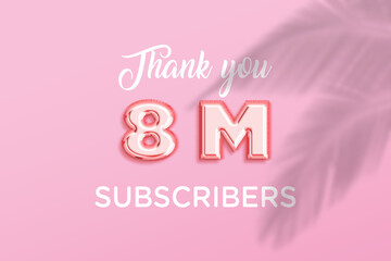 8 Million  subscribers celebration greeting banner with Rose gold Design