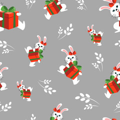 Seamless texture with white bunnies for fabric. Bunny with a gift