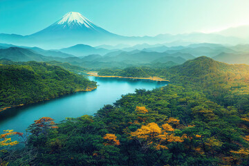 Prachtig japans landschap in de zomer met bos, rivier en mount fuji op de achtergrond