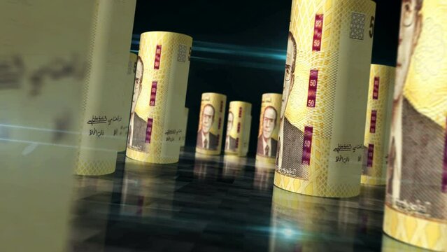 Tunisia money Tunisian Dinar rolls loop 3d animation. Money on the table. Seamless and loopable abstract concept of economy, finance, business and recession. Camera between TND rolled banknotes.