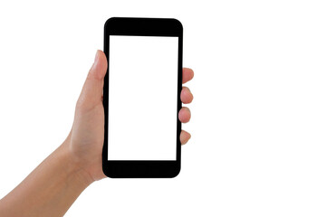 Smartphone in left hand on white background. Show smartphone.