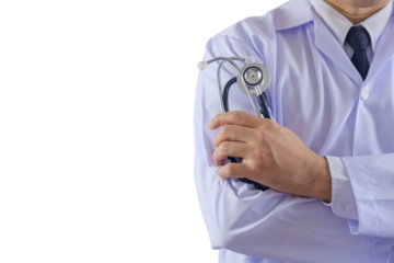 Closeup at doctor crossed arm and hold stethoscope