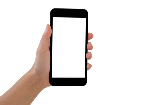Smartphone in left hand on white background. Show smartphone.