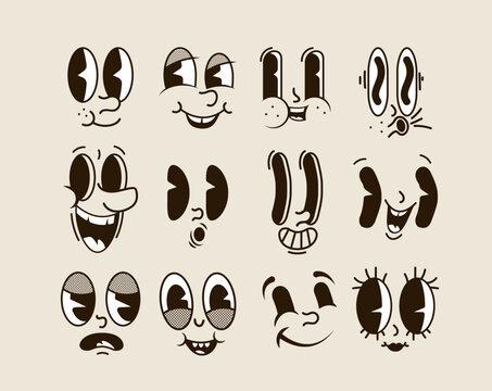 Naklejka Retro cartoon smiled comic faces set isolated on white background. Vector illustration