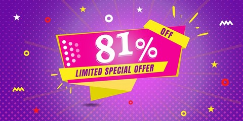 81% off limited special offer. Banner with eighty one percent discount on a  purple background with yellow square and pink