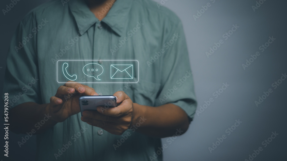 Poster customer service concept with internet technology, email, message, phone icon, man using smartphone 
