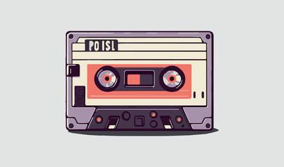 Audio tape cassette. Vector illustration of isolated vintage old fashion tape. Isolated sound recorder. Old media for music. Analogue technology. Disco, pop player. Musical icon. 80s object. Music mix