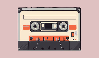 Audio tape cassette. Vector illustration of isolated vintage old fashion tape. Isolated sound recorder. Old media for music. Analogue technology. Disco, pop player. Musical icon. 80s object. Music mix