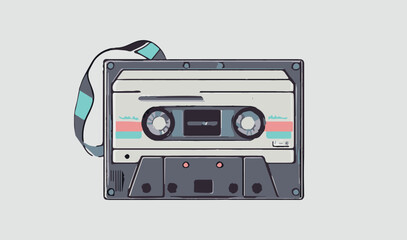 Audio tape cassette. Vector illustration of isolated vintage old fashion tape. Isolated sound recorder. Old media for music. Analogue technology. Disco, pop player. Musical icon. 80s object. Music mix