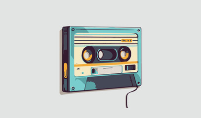Audio tape cassette. Vector illustration of isolated vintage old fashion tape. Isolated sound recorder. Old media for music. Analogue technology. Disco, pop player. Musical icon. 80s object. Music mix