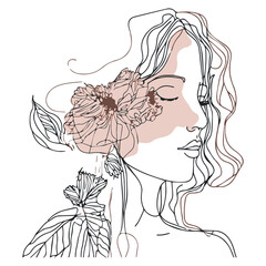 Line vector art of beautiful woman with boho flowers.  Abstract floral plant, fashion drawing. Simple elegant girl with nature decoration. Vintage wedding card. Mystery botanical poster.