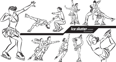 Ice skater career profession work doodle design drawing vector illustration - obrazy, fototapety, plakaty